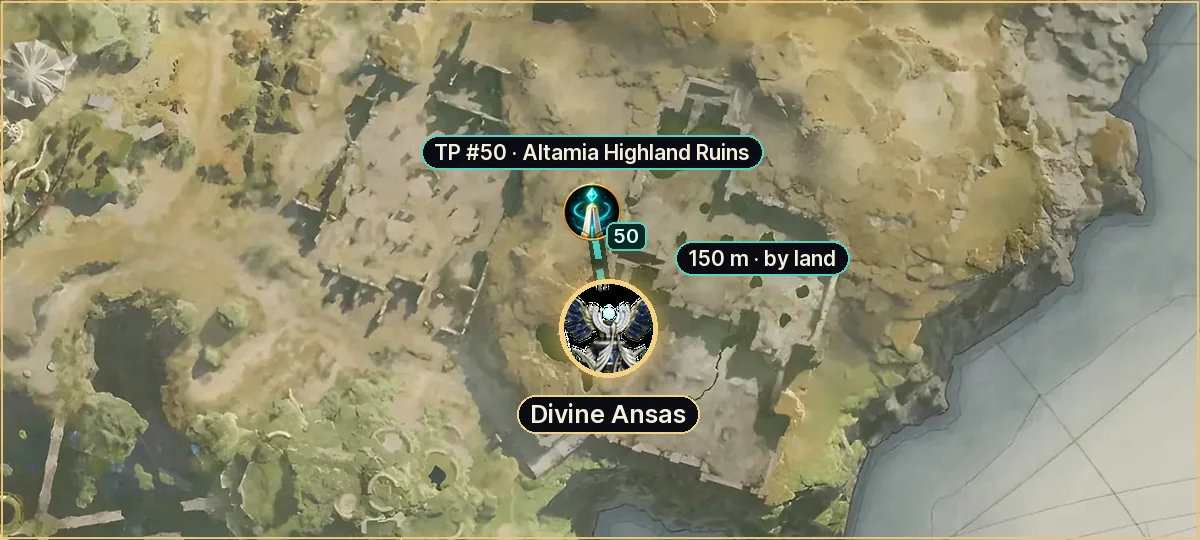 Divine Ansas on the Verteron map: route from teleport #50, 150 m by land