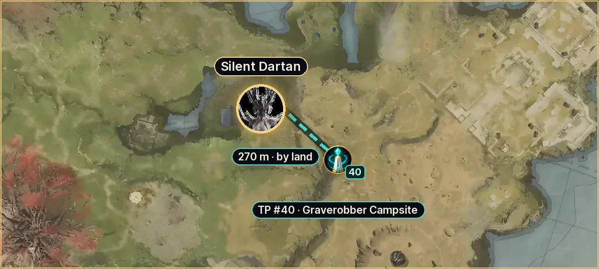 Silent Dartan on the Altgard map: route from teleport #40, 270 m by land