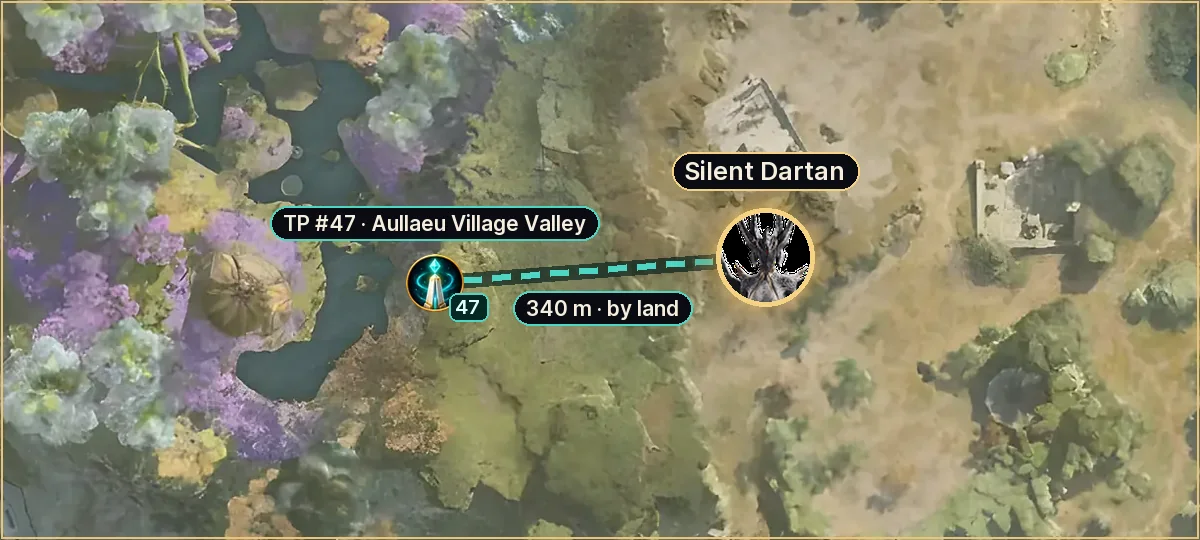 Silent Dartan on the Verteron map: route from teleport #47, 340 m by land