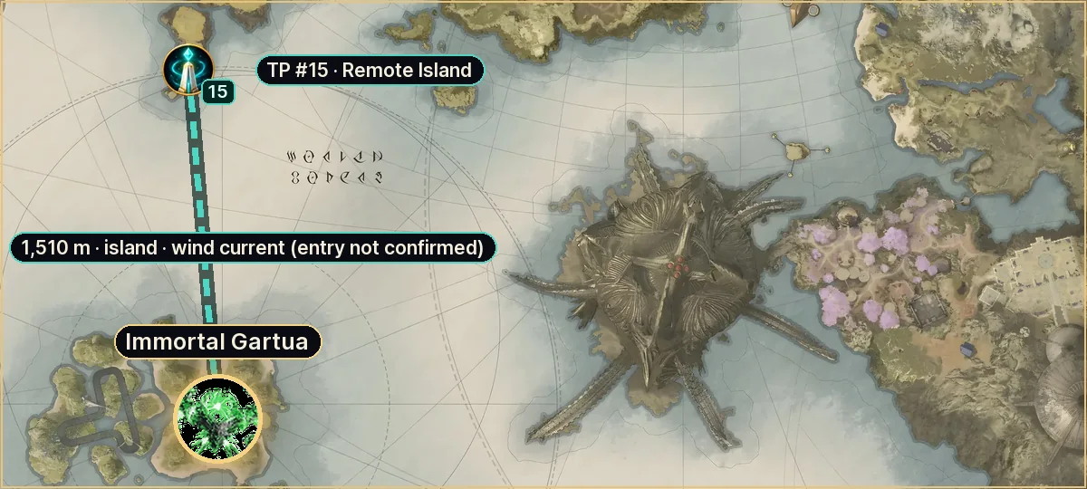 Immortal Gartua on the Altgard map: route from teleport #15, 1,510 m in a straight line (island, wind-current entry not confirmed)