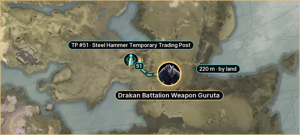 Drakan Battalion Weapon Guruta on the Altgard map: route from teleport #51, 220 m by land