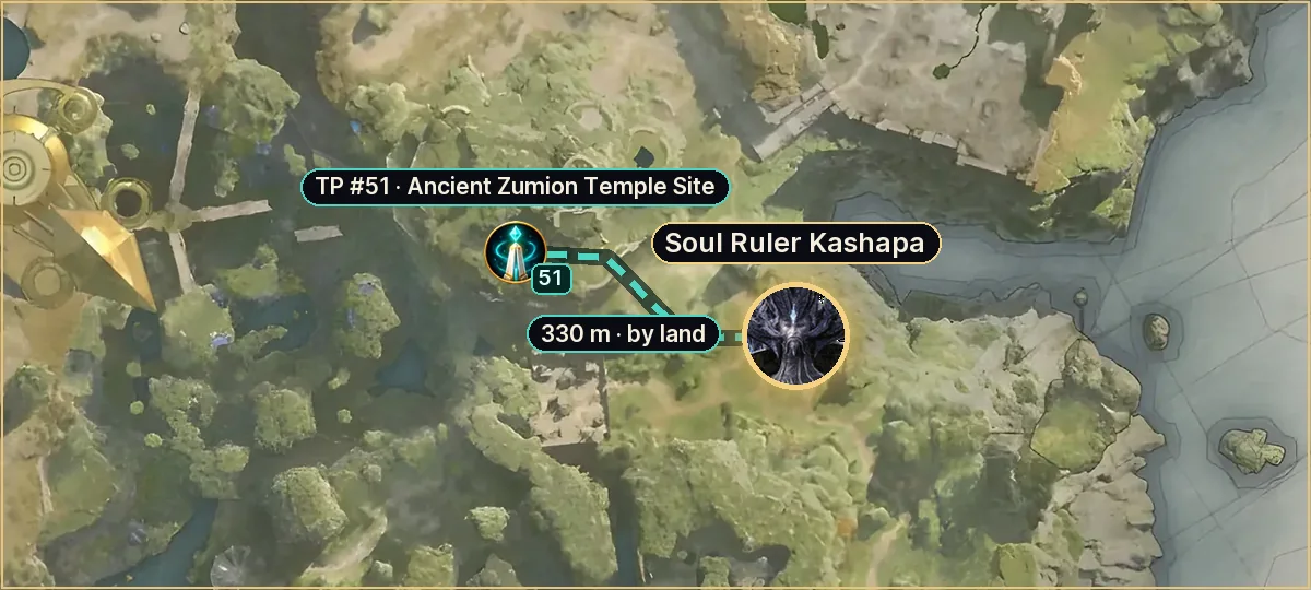 Soul Ruler Kashapa on the Verteron map: route from teleport #51, 330 m by land