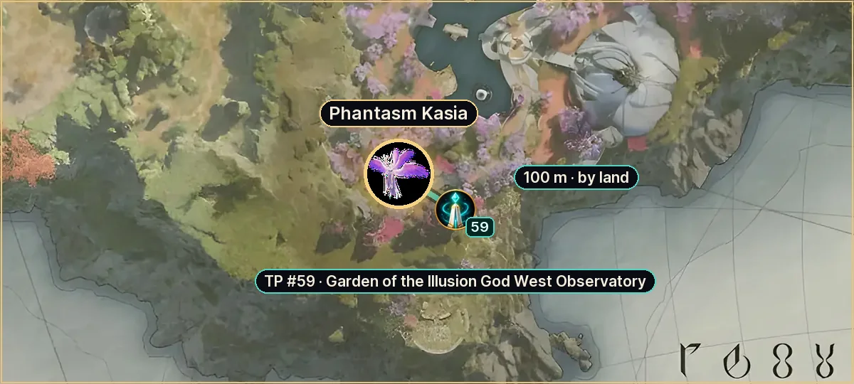 Phantasm Kasia on the Verteron map: route from teleport #59, 100 m by land