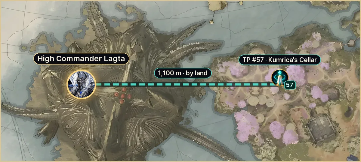 High Commander Lagta on the Altgard map: route from teleport #57, 1,100 m by land