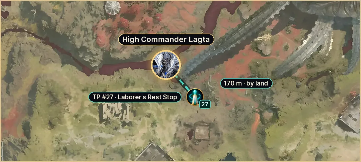 High Commander Lagta on the Verteron map: route from teleport #27, 170 m by land