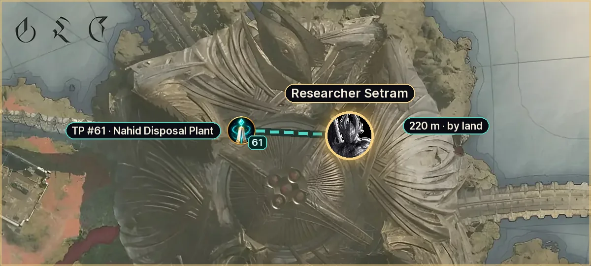 Researcher Setram on the Verteron map: route from teleport #61, 220 m by land