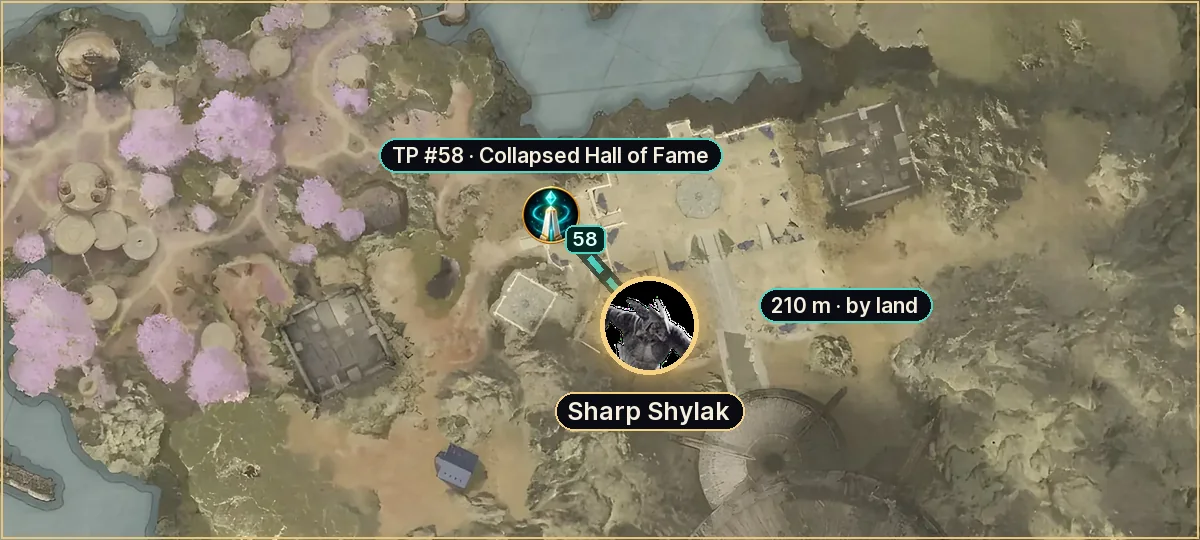 Sharp Shylak on the Altgard map: route from teleport #58, 210 m by land