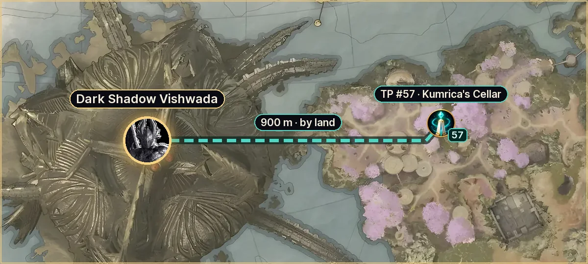 Dark Shadow Vishwada on the Altgard map: route from teleport #57, 900 m by land