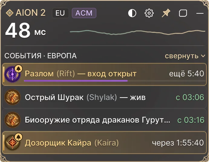 Панель плагина AION2 Status: «Разлом (Rift) — вход открыт, ещё 5:40» с фиолетовой полоской